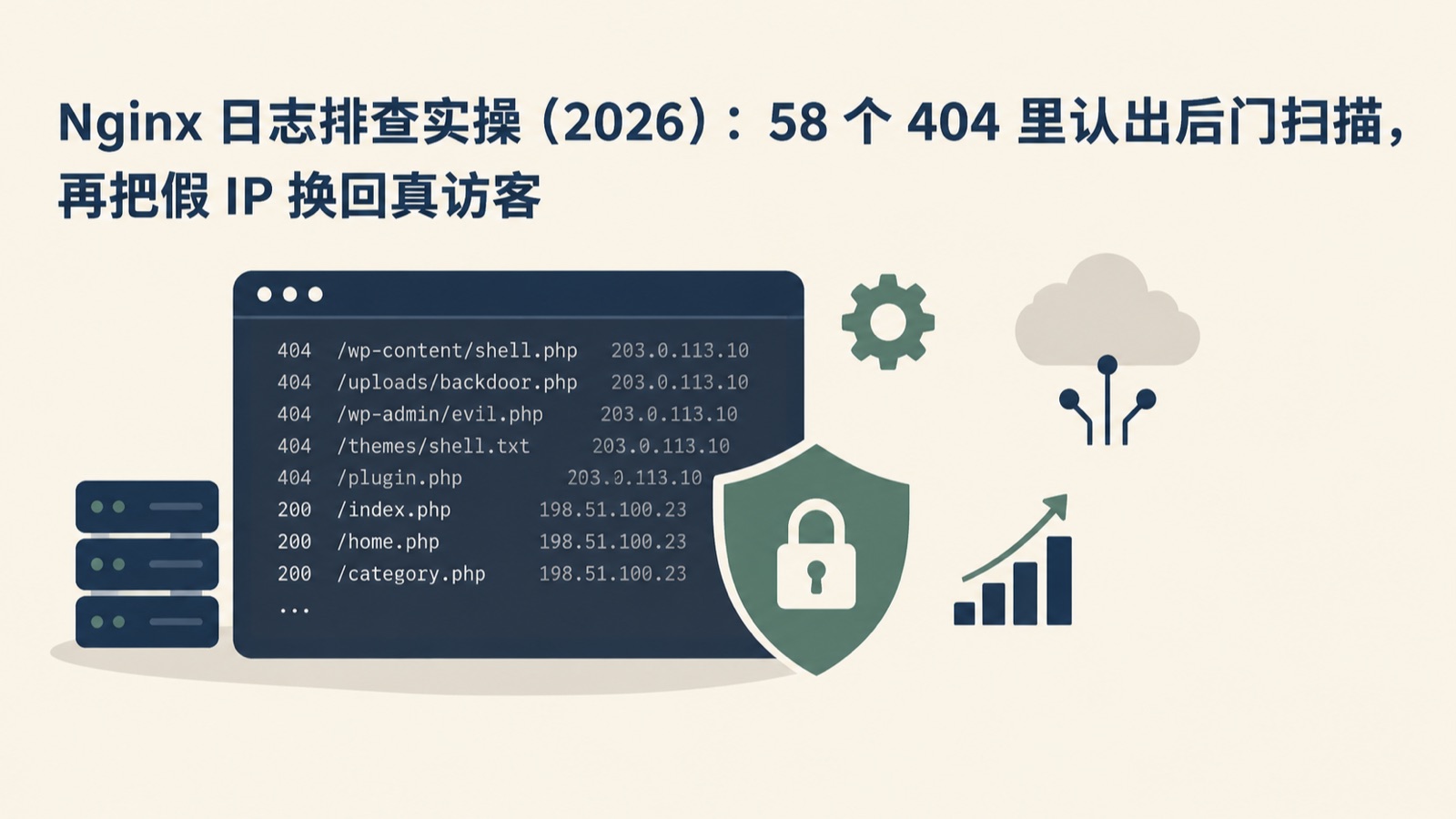 Nginx 日志排查实操（2026）：58 个 404 里认出后门扫描，再把假 IP 换回真访客-小绵羊的小窝